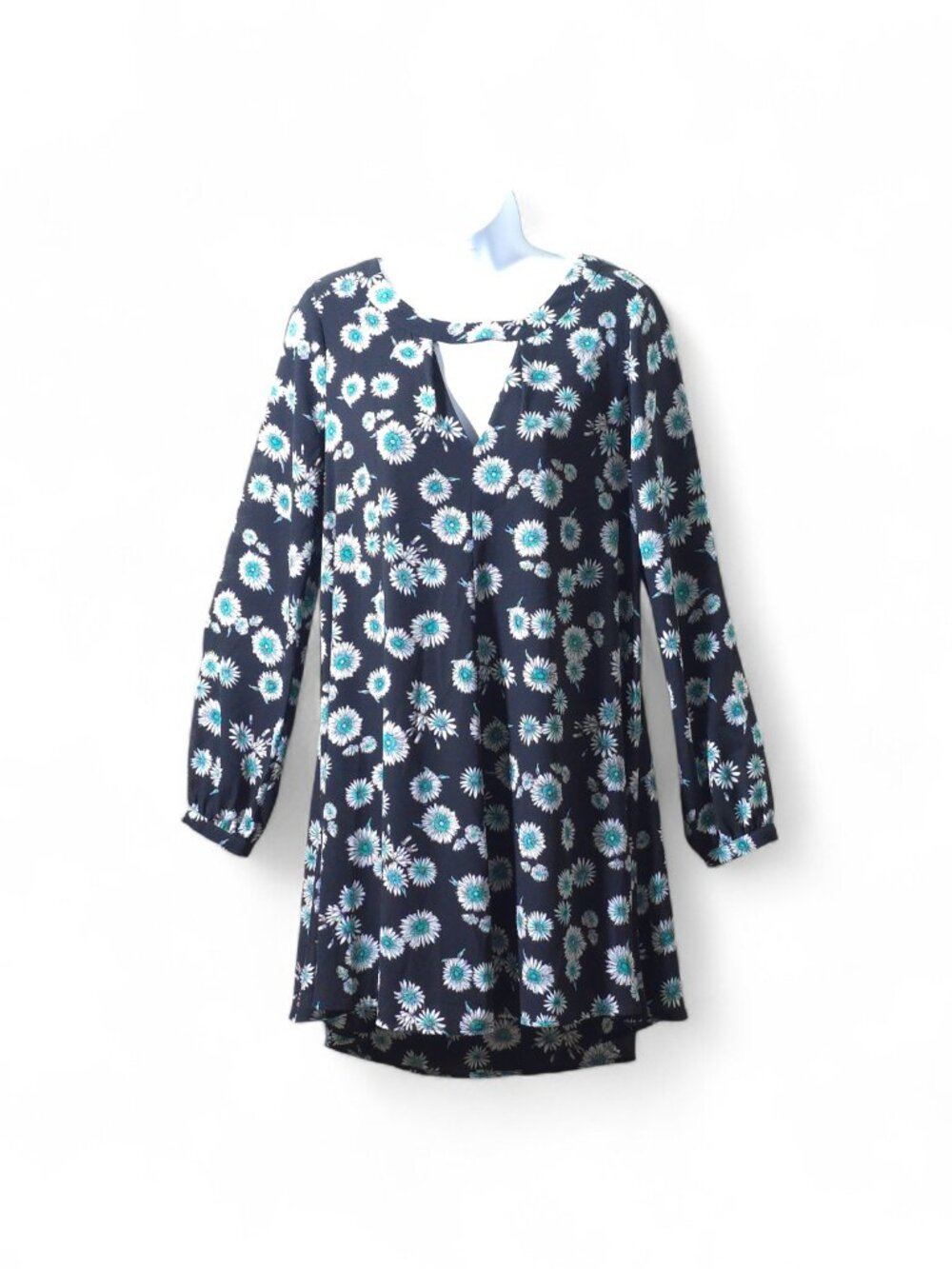 Express Floral Swing Dress XS Black Teal Long Sleeve Boho Tunic Mini Flowy